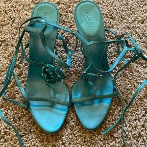 Diva Teal Gucci Sandal Stilettos with Wap Around Laces